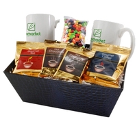 Gift tray filled with two 11 oz. white mugs, coffee, tea,... from ASI 44900...