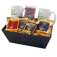 Gift tray filled with two 11 oz. white mugs, coffee, tea,... from ASI 44900...