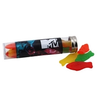 6" plastic tube with metal cap and filled with fish candies.... from ASI...