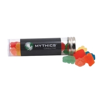 5" plastic tube with metal cap and filled with fish candies.... from ASI...