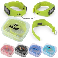 Pedometer activity watch with silicone band; displays time, calories,...