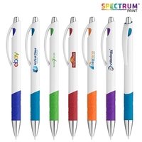 Plunger-action pen with a white glossy barrel, swirl design rubber grip,......