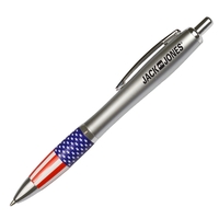 Click action ballpoint pen designed with a silver barrel and patriotic......