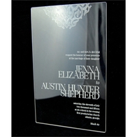 Laser-engraved, acrylic invitations measure 5" x 7" to fit standard-sized...