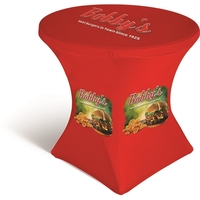 43" x 31.5" round stretch polyester table cover with storage bag.... from ASI...