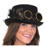 Ladies Deluxe Felt Steampunk Top Hat W/Goggles & Fthrs