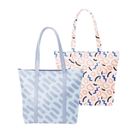 Large, gusseted, two-handled tote with zipper closure that measures 15" W......
