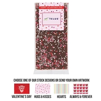 3.5 oz. Belgian chocolate bar topped with Valentine's colored heart...