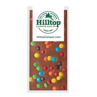 3.5 oz. Belgian chocolate bar topped with miniature M&M's® candies;...