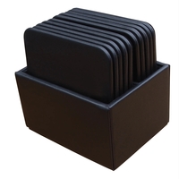 Black leatherette 10 square coasters with a wrapped-edge design and...