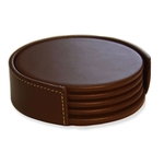 Rustic Brown Leather 4 Round Coasters with Holder