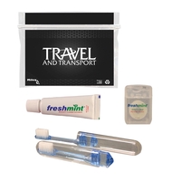 Dental kit with a plastic pouch, travel toothbrush, toothpaste tube, and......