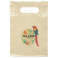 2.5 mil. low-density plastic bag with reinforced die cut handle.... from ASI...