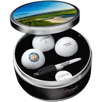 Commemorative tin kit with three golf balls, ball marker, lid, marker,......