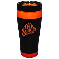 14 oz. stainless steel travel mug with black lid and orange... from ASI 46573...