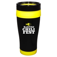 14 oz. stainless steel travel mug with black lid and yellow... from ASI 46573...