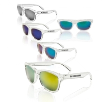 Polycarbonate, adult-sized sunglasses with colored, mirrored lenses featuring...