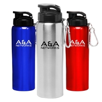Stainless steel water bottle with carabiner, 27 oz. Actual size 9... from ASI...