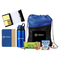 Drawstring Bag with Notebook, Sport Bottle & Snacks