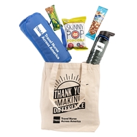 Canvas Tote w/Roll up blanket, Tritan water bottle, and snacks.... from ASI...