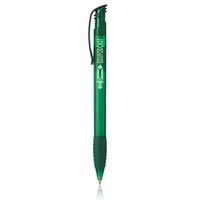 Plastic ballpoint pen with translucent barrel and rubber grip section.......