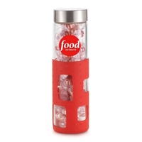 20 ounce slim shatter resistant glass/silicone bottle with a screw-on lid......