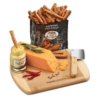 Bamboo cutting board with cheese, pretzels, and dipping mustard... from ASI...