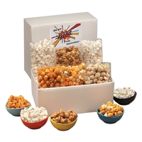 White shipper box with 6 bags of gourmet popcorn.... from ASI 68680 Maple...