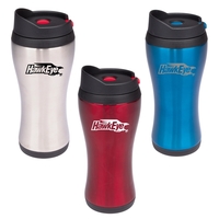 Stainless steel travel mug with acrylic liner and a click-lock closure.......