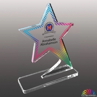 3/8" thick acrylic award with star shape, clear base and customization.......