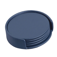 Navy Blue Leatherette 4 Round Coasters with Holder