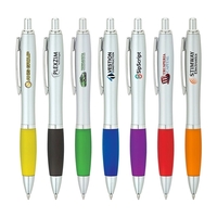 Plunger-action ballpoint pen with matte silver barrel, translucent colored...
