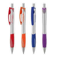 Plunger action ballpoint pen with matte silver barrel, stylish colored...
