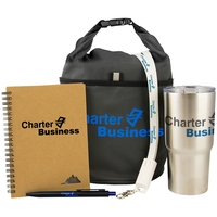 Corporate kit with a tumbler, pen, notebook, and charging cable.... from ASI...