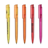 Retractable ballpoint pen with a transparent two-piece barrel and integrated...