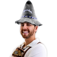 Oktoberfest-themed gray felt cone hat accented with a blue and white... from...