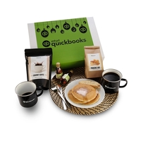 2 stainless steel speckled camping mugs, coffee, pancake mix, maple syrup......