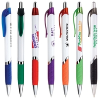 Retractable plastic pen - white barrel- chrome tip, ring and plunger-... from...