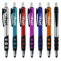 Click-action ballpoint pen with metallic colored barrel, black rubber grip,...