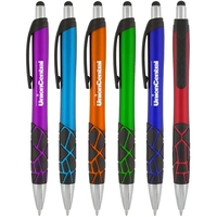 Click-action pen with metallic colored barrel, mosaic patterned black rubber...