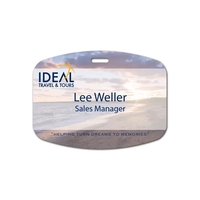 Name badge with an arched rectangle design and a pin fastener.... from ASI...