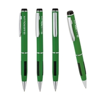 Solid colored brass ballpoint pen with soft rubber grip, chrome accents......