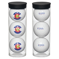 Clear plastic tube filled with 3 imprinted golf balls.... from ASI 57655...