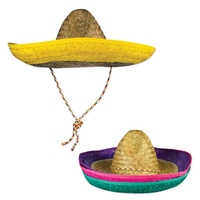 Neon rimmed sombreros; 12 assorted per pack and sold blank.... from ASI 98360...