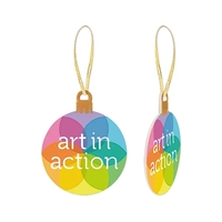 3 1/8" plastic flat ornament with ribbon and full color imprint.... from ASI...