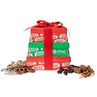 Box tower with molded milk chocolates, deluxe mixed nuts, dark chocolate......