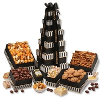 Black & white tower filled with chocolates, cookies, and other treats.......
