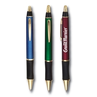 Solid-colored, glossy, click-action Deluca pen with a gold-colored clip and...