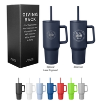 40-ounce tumbler with a handle, double-wall construction, screw-on lid, straw...