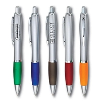 Metallic translucent colored retractable pen with a unique silver accent.......